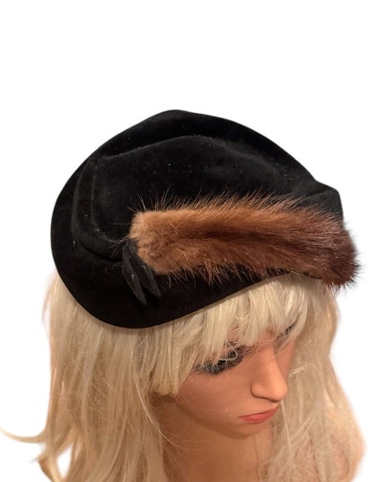 Vintage Black Hat Facinator with Brown Mink Fur Accent