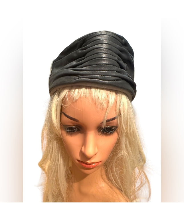 Vintage Black Leather & Felt Ruched Stewardess Style Fancy Hat