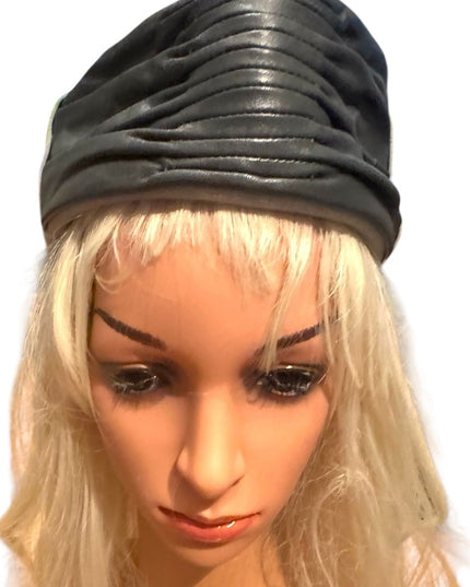 Vintage Black Leather & Felt Ruched Stewardess Style Fancy Hat