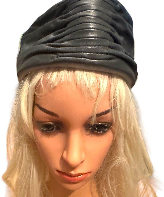 Vintage Black Leather & Felt Ruched Stewardess Style Fancy Hat