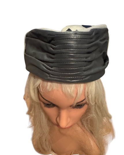 Vintage Black Leather & Felt Ruched Stewardess Style Fancy Hat
