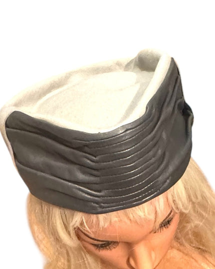 Vintage Black Leather & Felt Ruched Stewardess Style Fancy Hat
