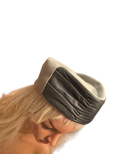 Vintage Black Leather & Felt Ruched Stewardess Style Fancy Hat