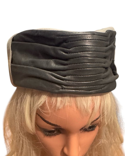 Vintage Black Leather & Felt Ruched Stewardess Style Fancy Hat
