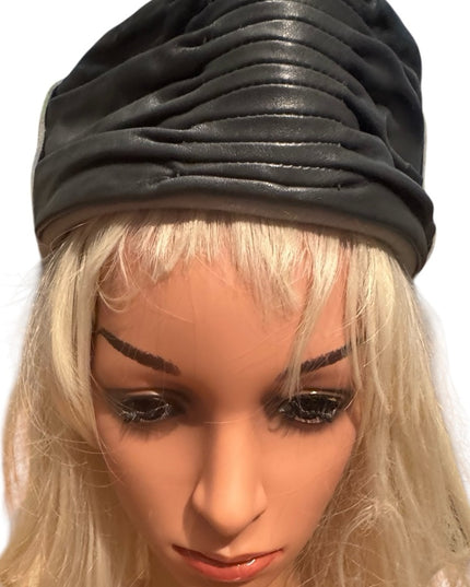 Vintage Black Leather & Felt Ruched Stewardess Style Fancy Hat