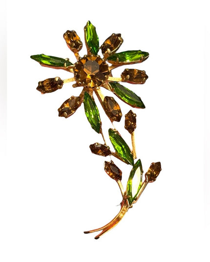 Vintage Floral Brooch with Green &  Gold Crystals Mid Century 1960s