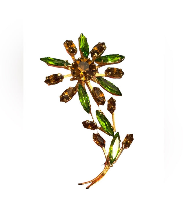 Vintage Floral Brooch with Green &  Gold Crystals Mid Century 1960s