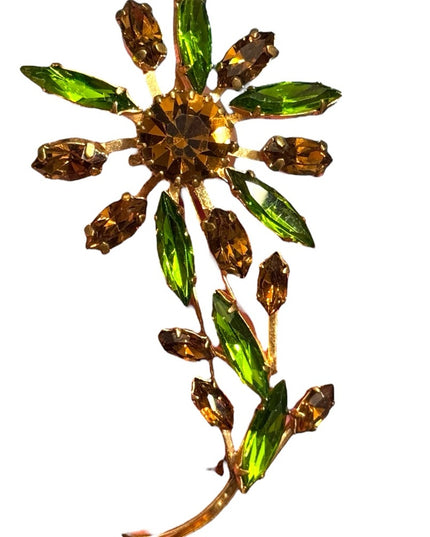 Vintage Floral Brooch with Green &  Gold Crystals Mid Century 1960s