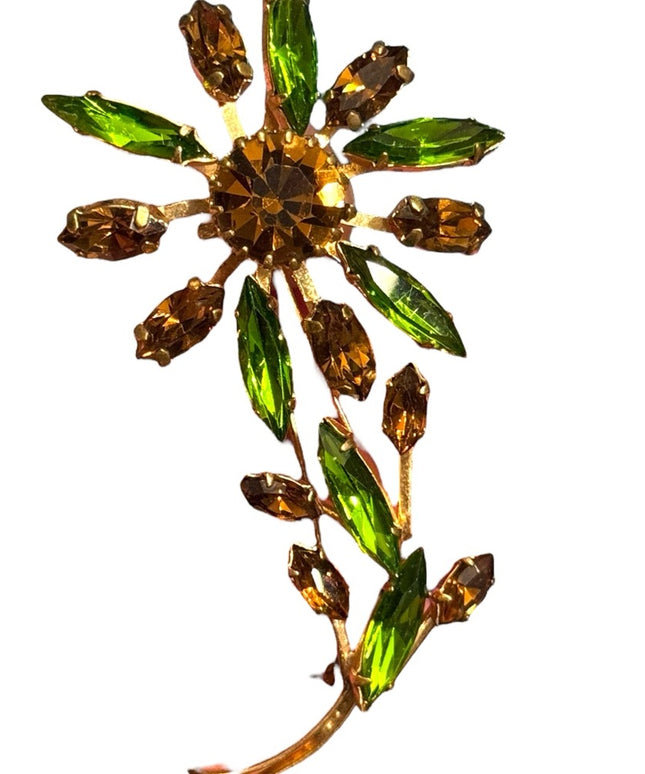 Vintage Floral Brooch with Green &  Gold Crystals Mid Century 1960s
