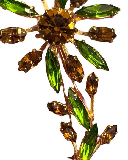 Vintage Floral Brooch with Green &  Gold Crystals Mid Century 1960s