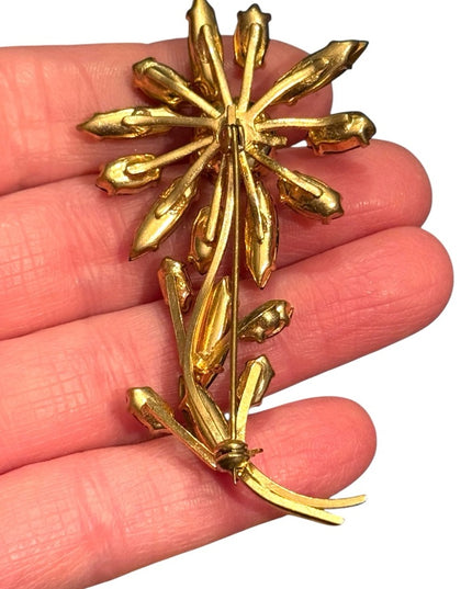 Vintage Floral Brooch with Green &  Gold Crystals Mid Century 1960s