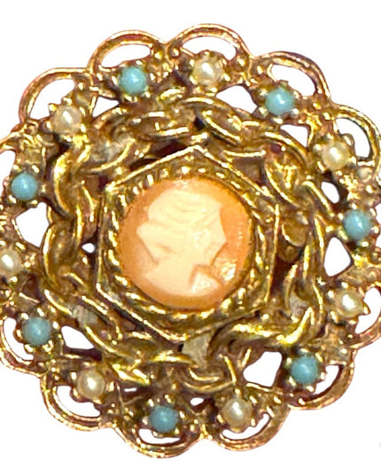 Elegant Vintage Gold Finish Faux Pearl & faix Turquoise Cameo Brooch