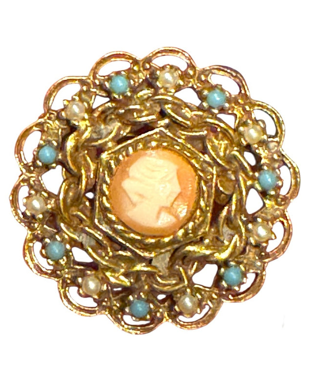 Elegant Vintage Gold Finish Faux Pearl & faix Turquoise Cameo Brooch