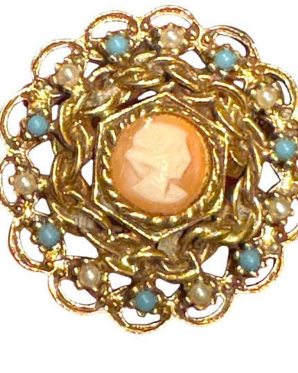 Elegant Vintage Gold Finish Faux Pearl & faix Turquoise Cameo Brooch