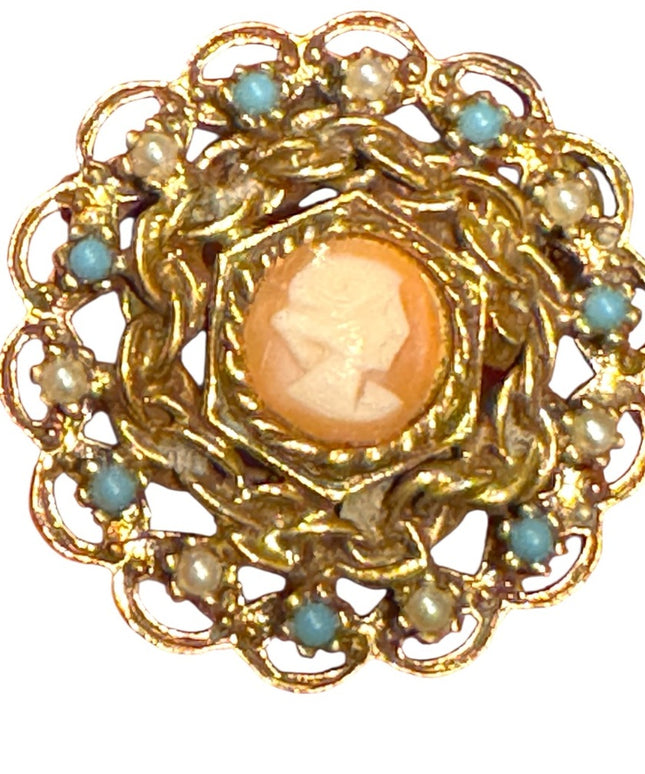 Elegant Vintage Gold Finish Faux Pearl & faix Turquoise Cameo Brooch
