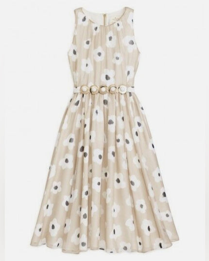 Floral Beige Kate Spade Dress Faye' Feminine Belted 100% Silk Chiffon Dress