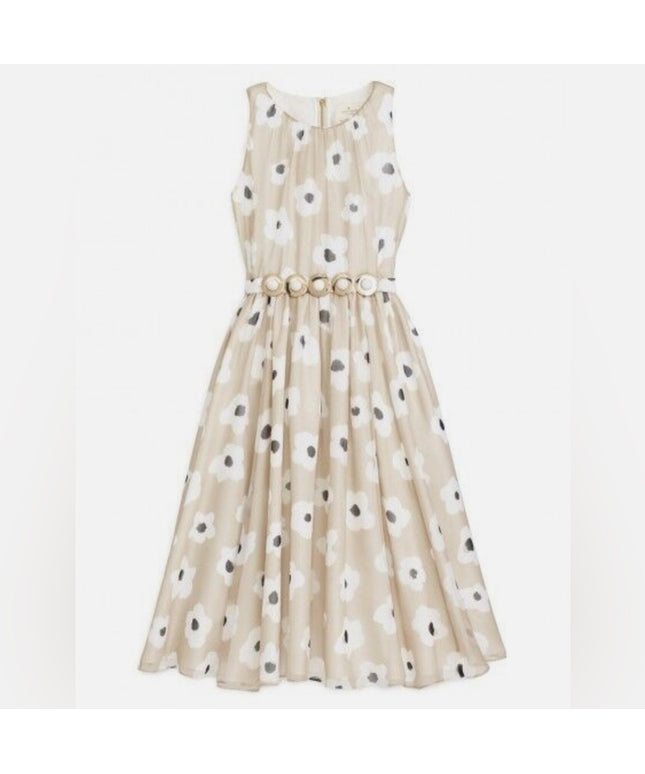 Floral Beige Kate Spade Dress Faye' Feminine Belted 100% Silk Chiffon Dress