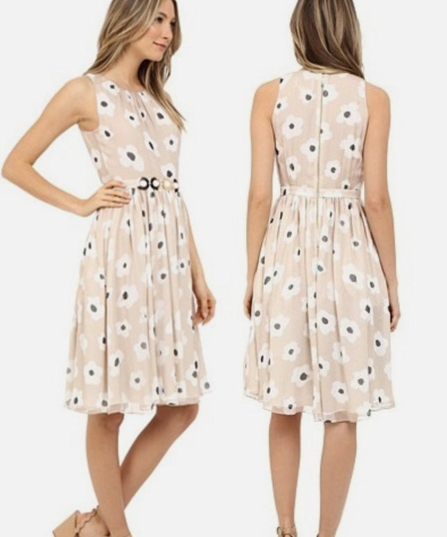 Floral Beige Kate Spade Dress Faye' Feminine Belted 100% Silk Chiffon Dress