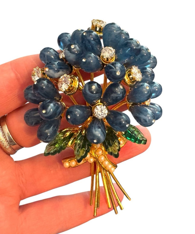 Elegant RARE Vintage Joan Rivers Blue Bells Flower Brooch New with Box