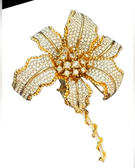 Elegant RARE Runway Large Gold Plated Statement Rhinestone Floral Flower Brooch
