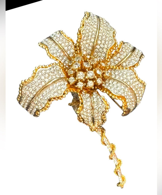 Elegant RARE Runway Large Gold Plated Statement Rhinestone Floral Flower Brooch
