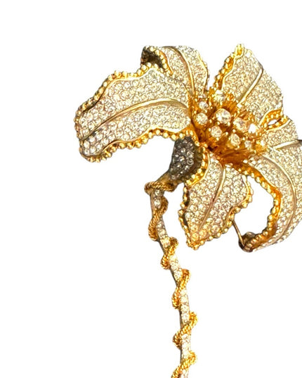 Elegant RARE Runway Large Gold Plated Statement Rhinestone Floral Flower Brooch