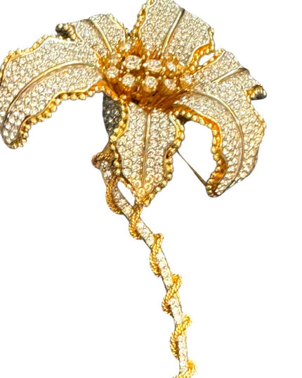 Elegant RARE Runway Large Gold Plated Statement Rhinestone Floral Flower Brooch