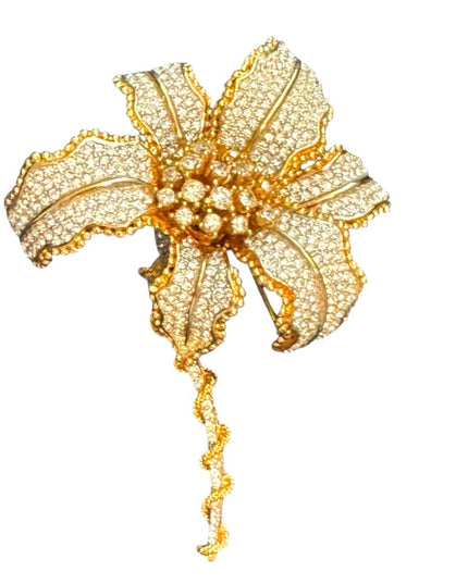 Elegant RARE Runway Large Gold Plated Statement Rhinestone Floral Flower Brooch