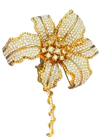 Elegant RARE Runway Large Gold Plated Statement Rhinestone Floral Flower Brooch