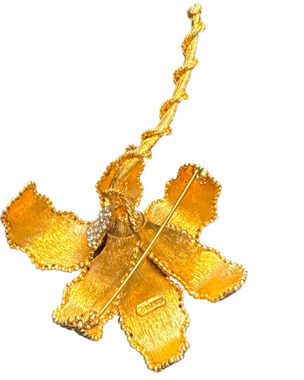 Elegant RARE Runway Large Gold Plated Statement Rhinestone Floral Flower Brooch