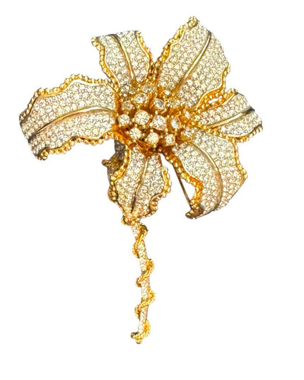 Elegant RARE Runway Large Gold Plated Statement Rhinestone Floral Flower Brooch