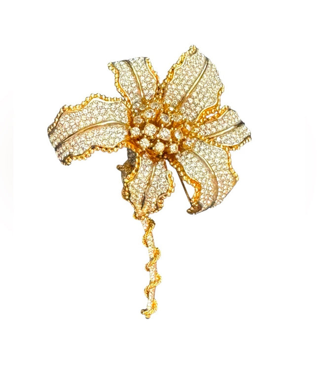 Elegant RARE Runway Large Gold Plated Statement Rhinestone Floral Flower Brooch
