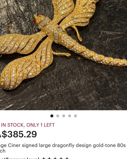 RARE Vintsge Gold Dragonfly Brooch Vintage CINER large dragonfly 80s brooch