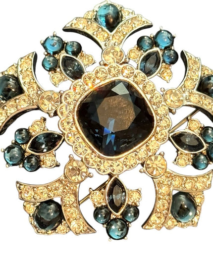 JOAN RIVERS RARE Vintage 1990's Gold Statement Brooch With Blue Rhinestones