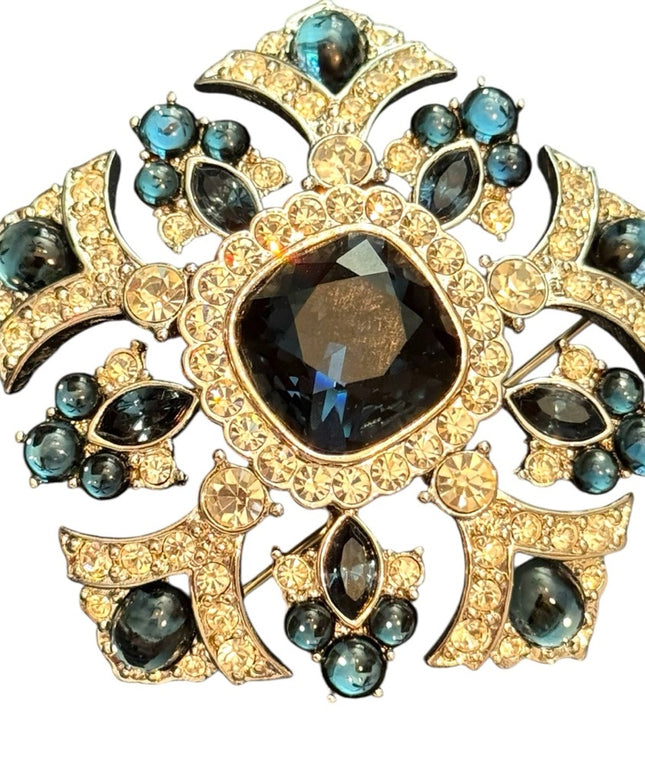 JOAN RIVERS RARE Vintage 1990's Gold Statement Brooch With Blue Rhinestones