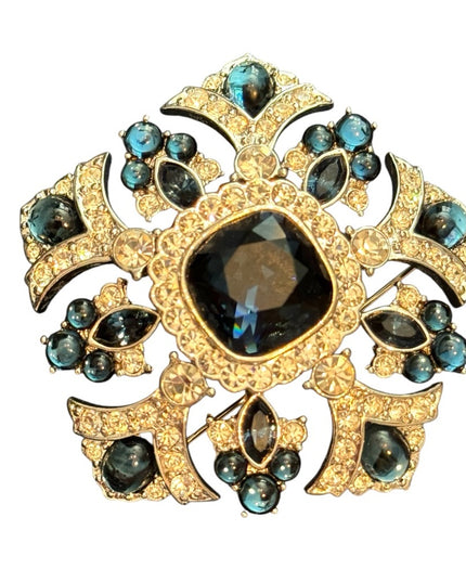 JOAN RIVERS RARE Vintage 1990's Gold Statement Brooch With Blue Rhinestones