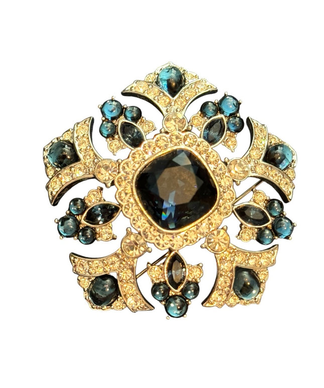 JOAN RIVERS RARE Vintage 1990's Gold Statement Brooch With Blue Rhinestones