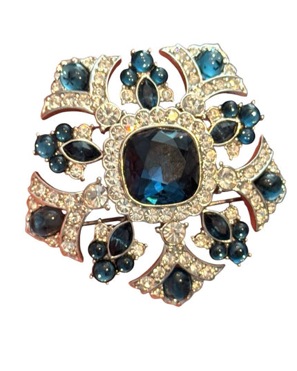JOAN RIVERS RARE Vintage 1990's Gold Statement Brooch With Blue Rhinestones