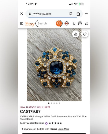 JOAN RIVERS RARE Vintage 1990's Gold Statement Brooch With Blue Rhinestones