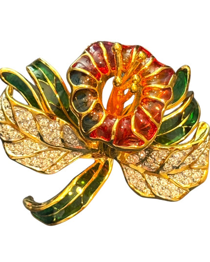 Vintage Joan Rivers Plique-A-Jour Crystal Stained Glass Orchid  Flower Brooch