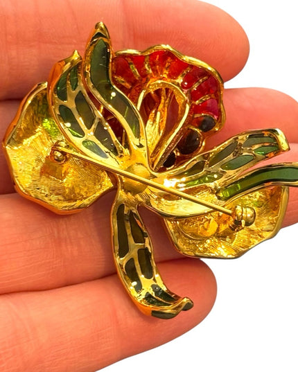 Vintage Joan Rivers Plique-A-Jour Crystal Stained Glass Orchid  Flower Brooch