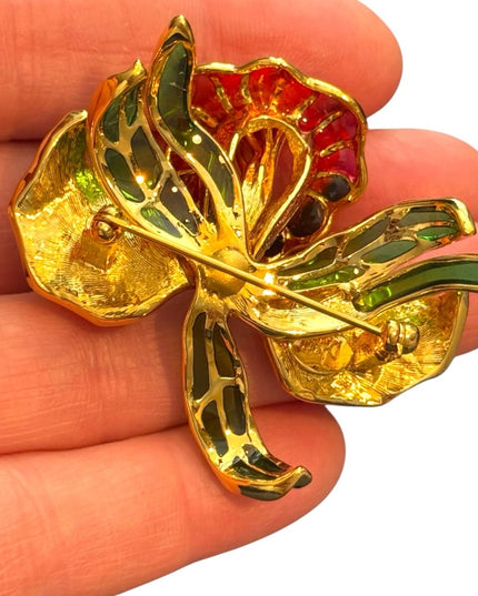 Vintage Joan Rivers Plique-A-Jour Crystal Stained Glass Orchid  Flower Brooch
