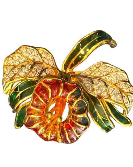 Vintage Joan Rivers Plique-A-Jour Crystal Stained Glass Orchid  Flower Brooch