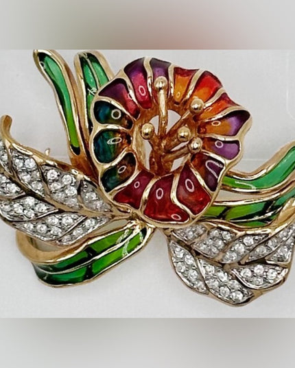 Vintage Joan Rivers Plique-A-Jour Crystal Stained Glass Orchid  Flower Brooch