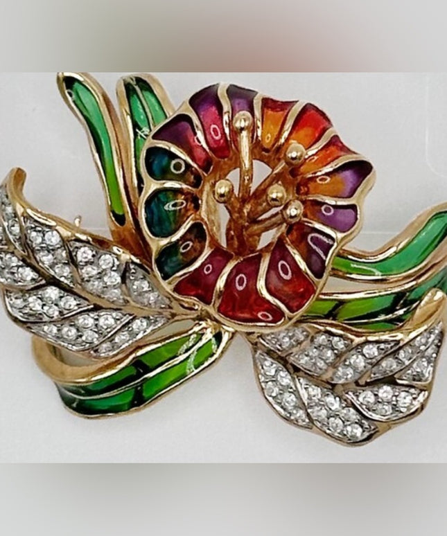 Vintage Joan Rivers Plique-A-Jour Crystal Stained Glass Orchid  Flower Brooch