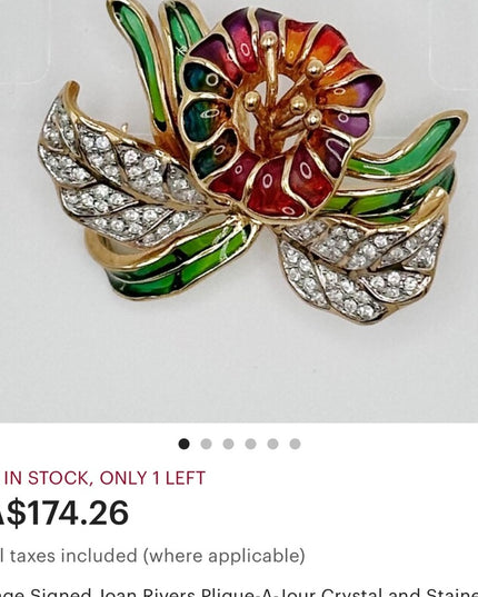 Vintage Joan Rivers Plique-A-Jour Crystal Stained Glass Orchid  Flower Brooch
