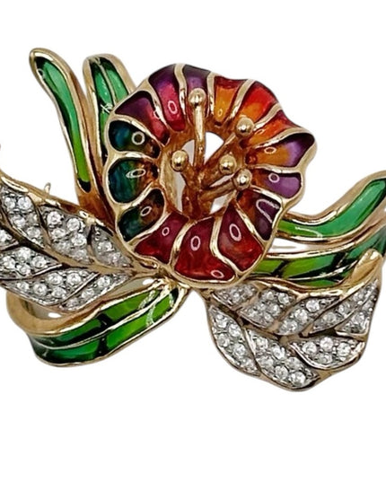 Vintage Joan Rivers Plique-A-Jour Crystal Stained Glass Orchid  Flower Brooch