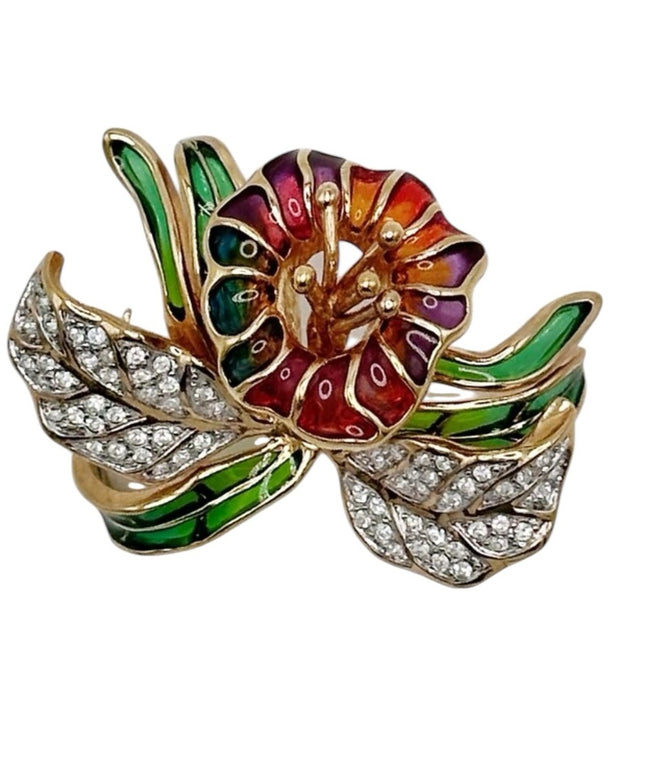 Vintage Joan Rivers Plique-A-Jour Crystal Stained Glass Orchid  Flower Brooch