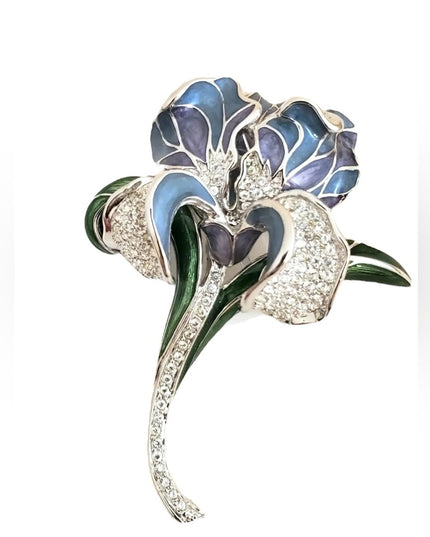 Vintage RARE  NOLAN MILLER "Azure Iris" Enamel & Pave Crystal Flower Pin
