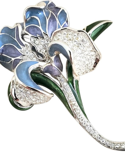 Vintage RARE  NOLAN MILLER "Azure Iris" Enamel & Pave Crystal Flower Pin